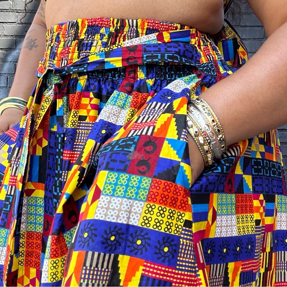 Tribal Abstract Mix Wax Print Cotton Tie Waist Maxi Skirt One Size Plus Size - Picture 3 of 12